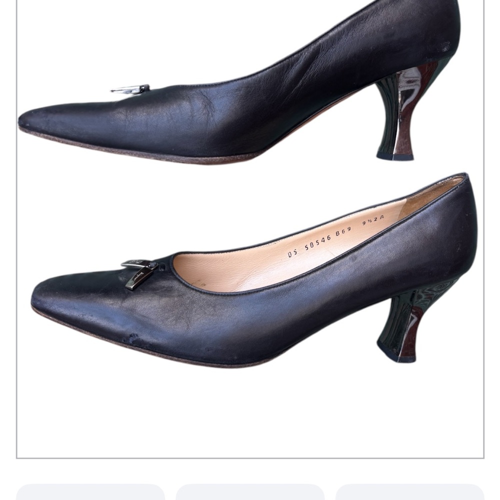 Vintage Salvatore Ferragamo Black Leather Heels Pumps Metallic heel 9 1/2 2A - Picture 8 of 13